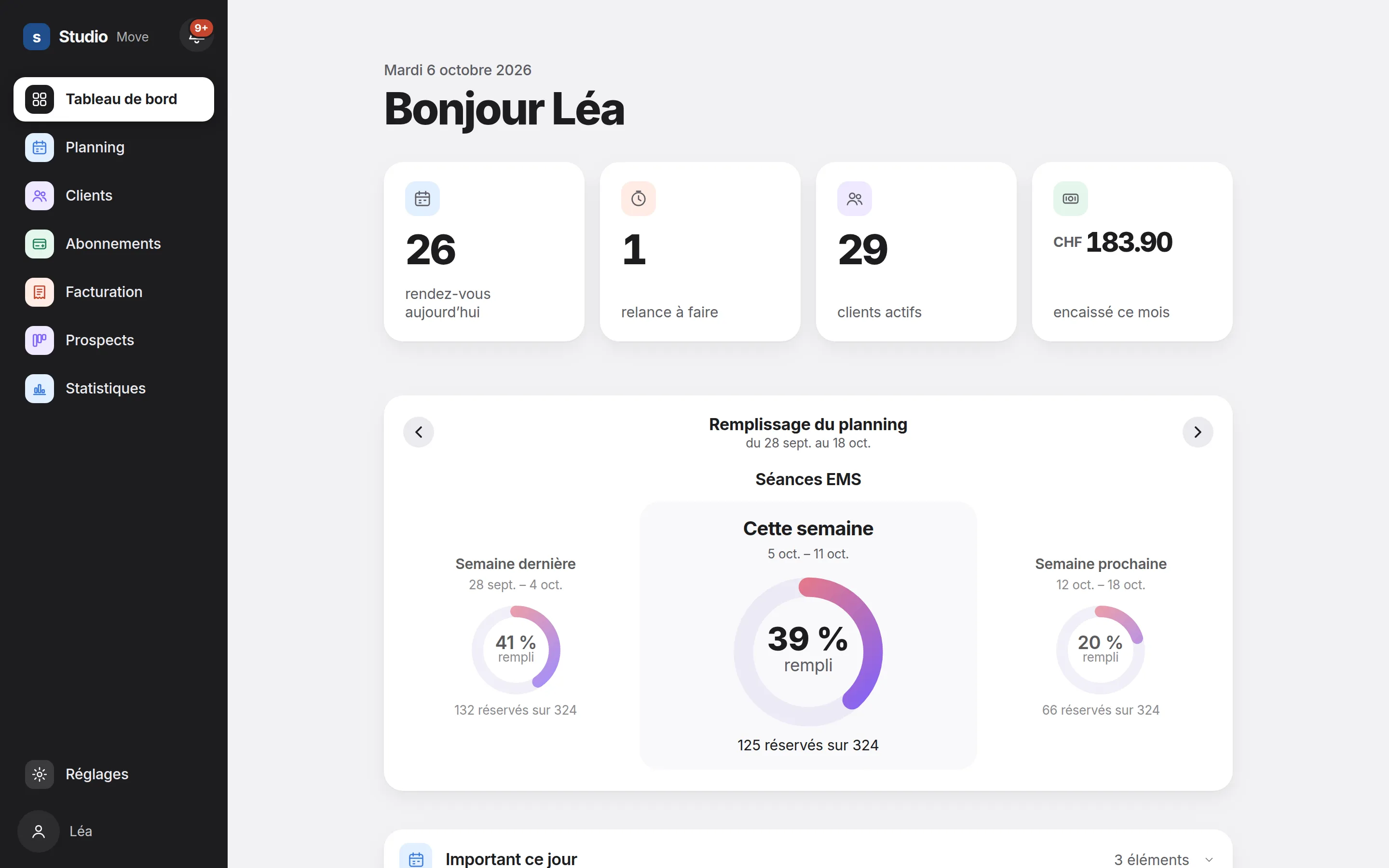 Heverly CRM dashboard for the fictional studio Studio Move: today's appointments, reminders to send, active clients, money collected this month and how full the schedule is
