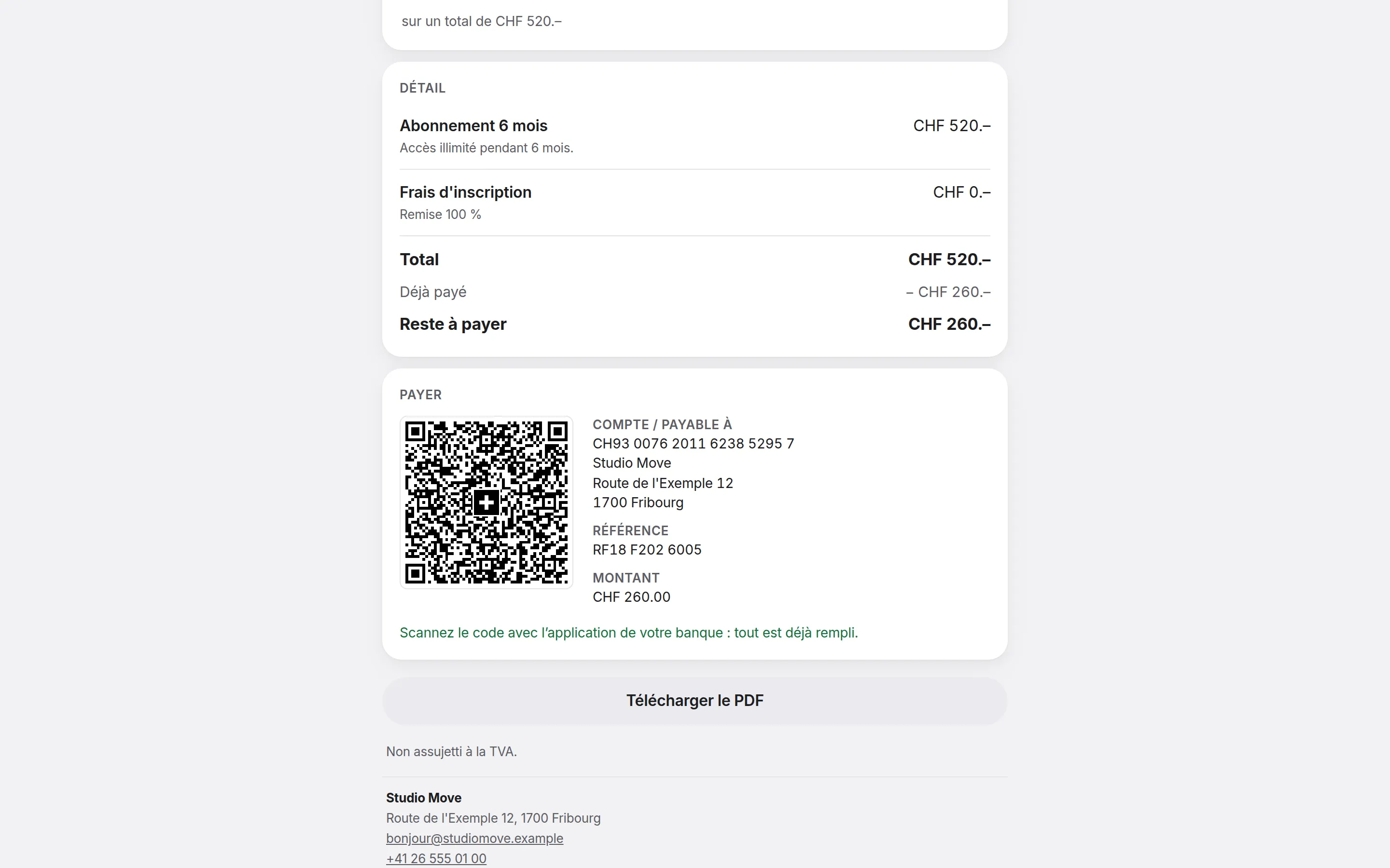 Facture avec QR-facture suisse établie par Heverly CRM : détail, montant restant et code à scanner avec l'application de sa banque