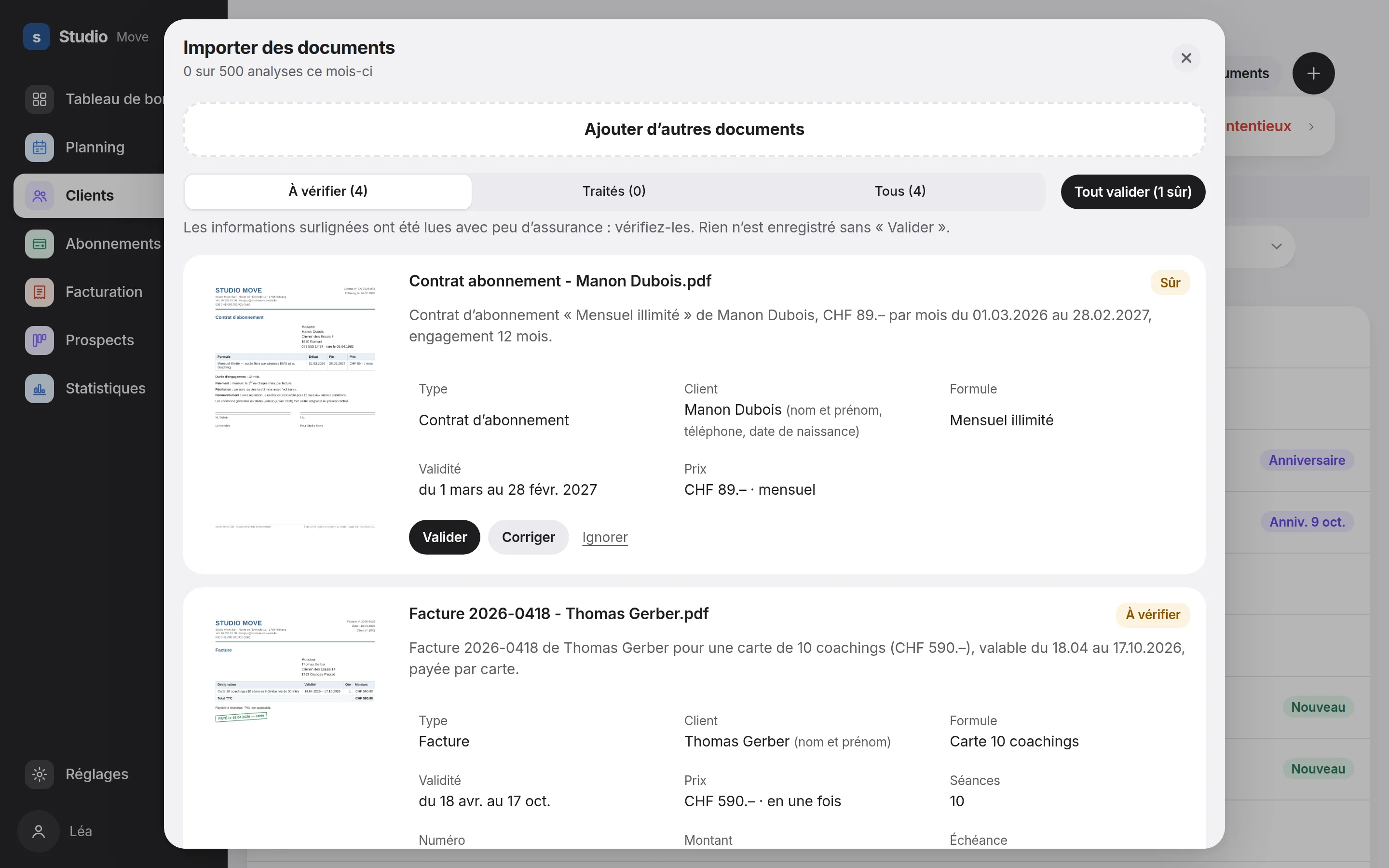 Import de documents dans Heverly CRM : un contrat et une facture lus automatiquement, à vérifier puis à valider